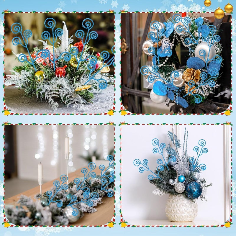 Ysleen 50 Pcs Glitter Tree Picks and Sprays Twigs Artificial Curly Stem Picks Ornaments 12 Inch Branches Sticks for Wreath Vase Fillers Valentines Gift Decoration(Blue) - Image 4